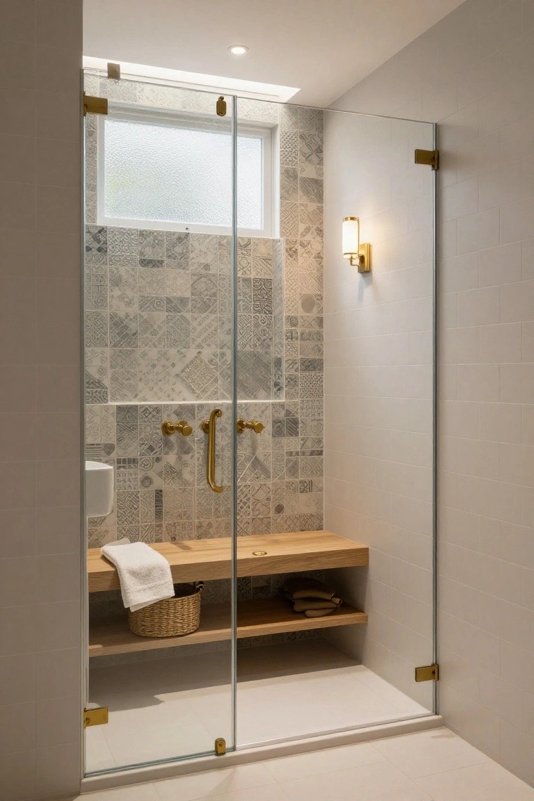 Glass shower enclosure with gray patterned tile walls, wooden bench seat holding a towel and basket, adjacent white toilet, gold faucets and hinges, wall sconce light, and skylight above.