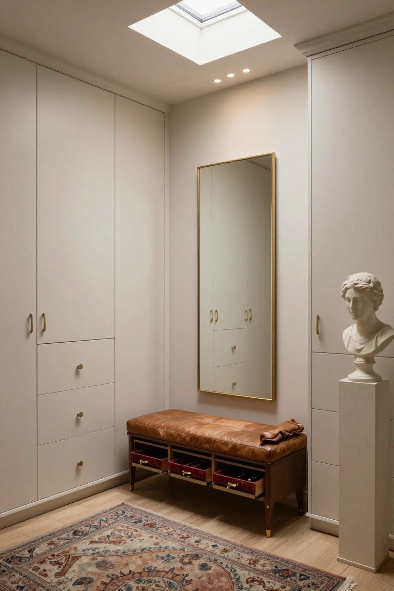 Corner walk-in closet with white paneled wardrobes, tall gold-framed mirror, tan leather bench with open red drawers on brass pulls, white classical bust on pedestal, patterned rug, and skylight above oak floor.