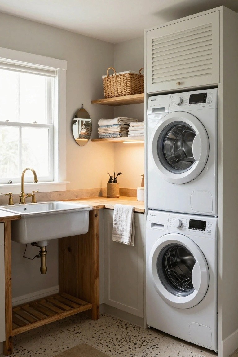 Interior of a compact laundry room with stacked white washer and dryer in a white louvered cabinet, adjacent wooden sink on a base, shelves with baskets and towels, and a window with roller blind.