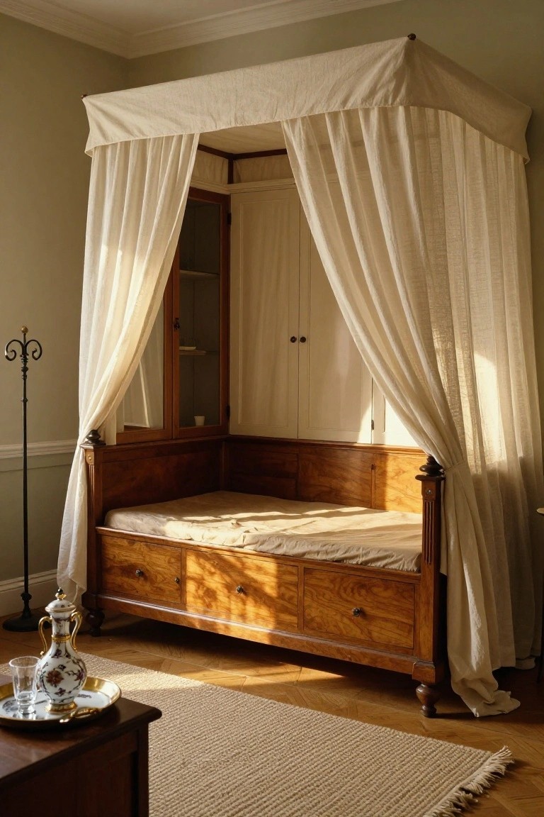 Wooden corner daybed with canopy drapes, integrated drawers, and adjacent glass-door wardrobe in a pale green bedroom with parquet flooring and a rug.