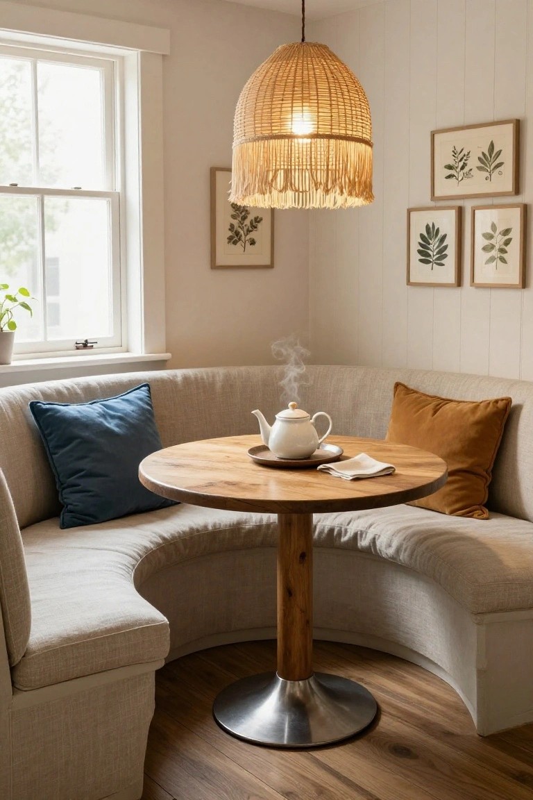Cozy indoor corner with curved beige upholstered bench around a round wooden table on a metal pedestal base, white teapot steaming on a tray with napkin, blue and orange cushions, rattan pendant light, framed botanical prints, potted plant by window, and light wood floors.