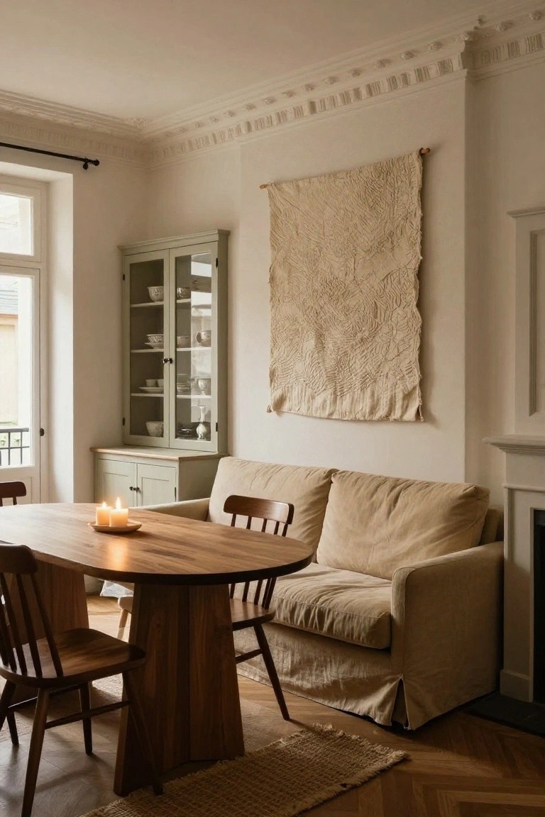 Bright interior room featuring an oval wooden dining table with chairs and burning candles, adjacent beige linen slipcovered sofa, green glass-door cabinet, large beige woven wall hanging, and white fireplace on herringbone wood floors.