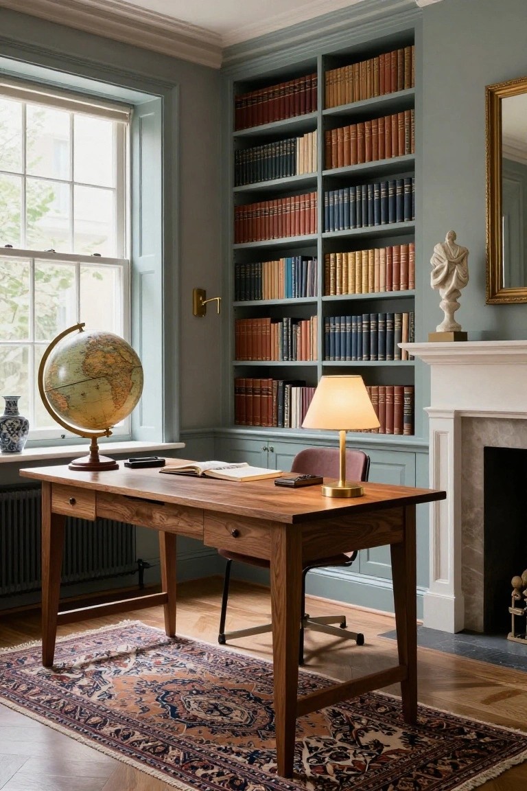 Sage green study room with floor-to-ceiling bookshelves on three walls filled with multicolored books, wooden desk with brass lamp and open notebook, globe by the window, and marble fireplace.