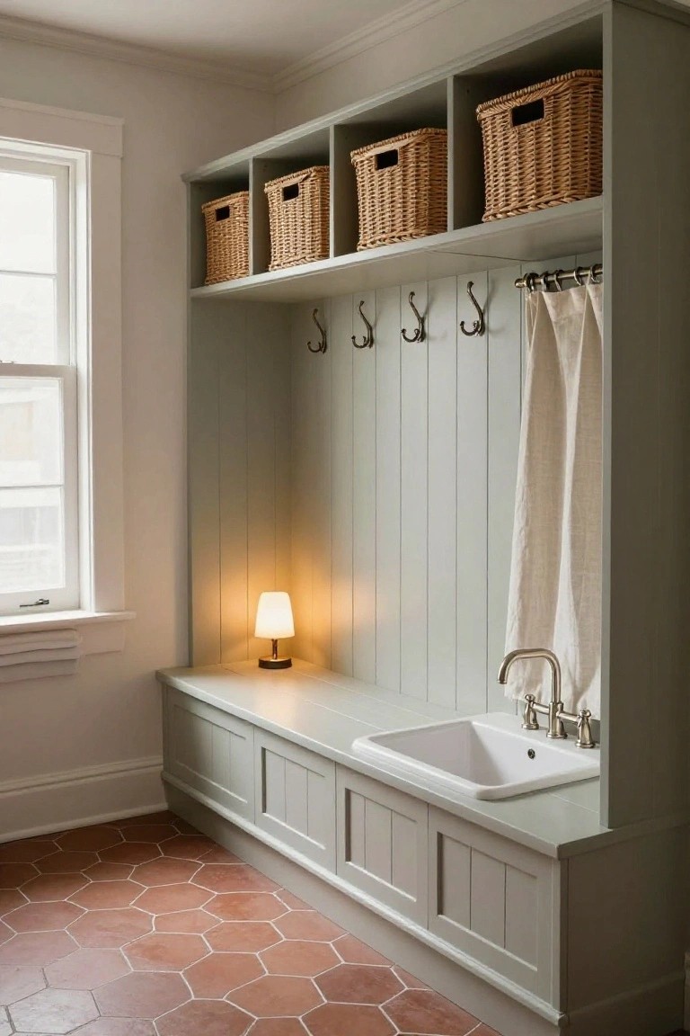 Light gray built-in cabinetry in a mudroom with open shelves holding wicker baskets, brass coat hooks, a linen curtain, bench seat with integrated white sink and brass faucet, small white lamp, and hexagonal terracotta floor tiles.