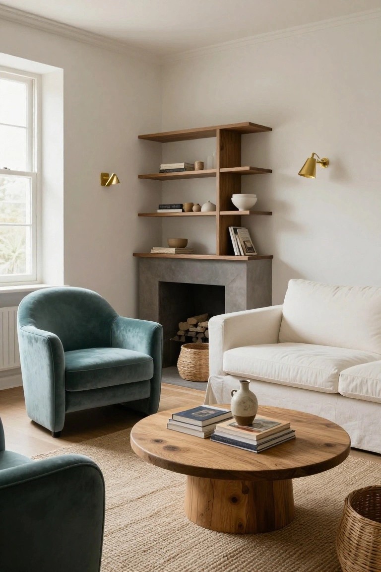 A cozy living room corner with two curved teal velvet armchairs, a white slipcovered sofa, round knotted oak coffee table topped with stacked books and a ceramic vase, seagrass rug, wooden open shelves displaying books and pottery beside a concrete fireplace hearth, and brass wall sconces.