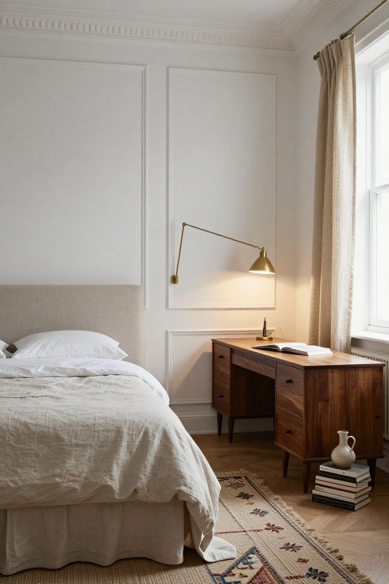 Bedroom interior with beige upholstered headboard bed draped in white and beige linens, wooden desk topped with open book and stacked books, brass wall-mounted swing arm lamp, white paneled walls, beige linen curtains on window, white vase on desk, and patterned rug on parquet wood floor.