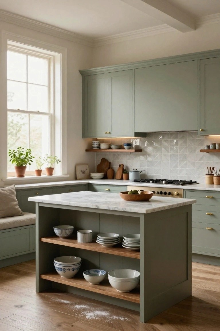A transitional kitchen with sage green painted cabinets, white marble island and countertops, wood open shelving on the island displaying white dishes and bowls, brass hardware, white subway tile backsplash, and a large multipane window with plants on the sill.