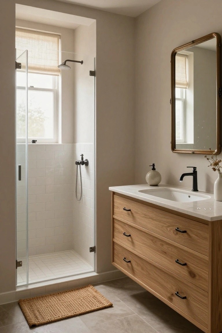 A small bathroom with clear glass shower doors, white subway tile shower, oak wood vanity with white sink and black faucet, gold-framed round mirror, and neutral walls and floor.