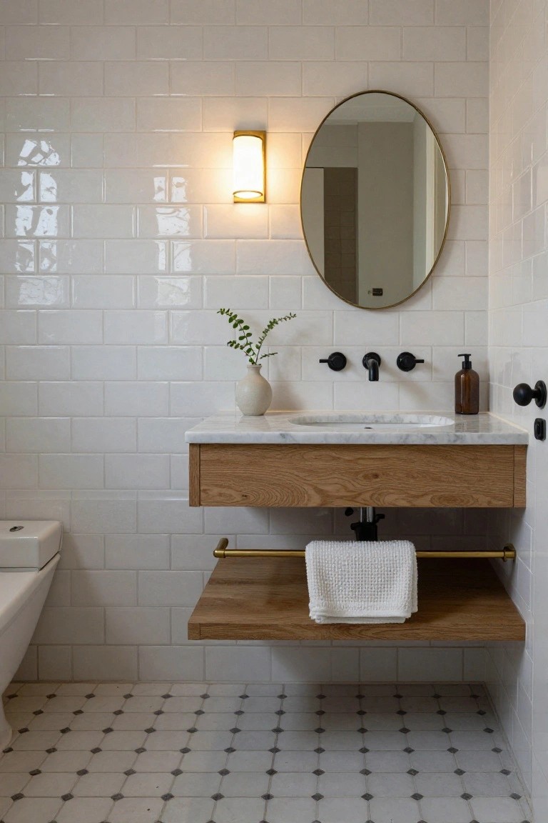 Bathroom with white subway tile walls and patterned floor tiles, floating oak wood vanity with white marble sink and black faucets, round brass mirror, wall sconce, and small plant.
