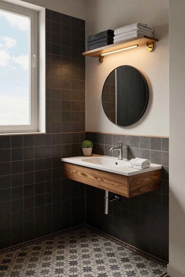 Bathroom corner with dark square wall tiles, floating wooden vanity holding white sink and faucet, round black mirror, wooden shelf with stacked towels and LED light strip, small potted succulent, window, and patterned floor tiles.