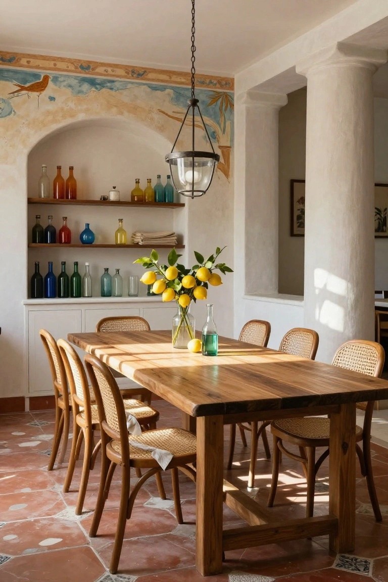 Dining room with wooden table, rattan chairs, arched niche shelves displaying colorful glass bottles, lemons in vases on the table, white stucco walls and columns, and terracotta tile floor.