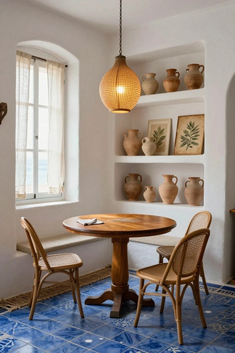 White-walled dining area with arched niches displaying various terracotta pots, a round wooden table with cloth napkin, rattan chairs, rattan pendant light, window with sea view, and blue patterned tile floor.