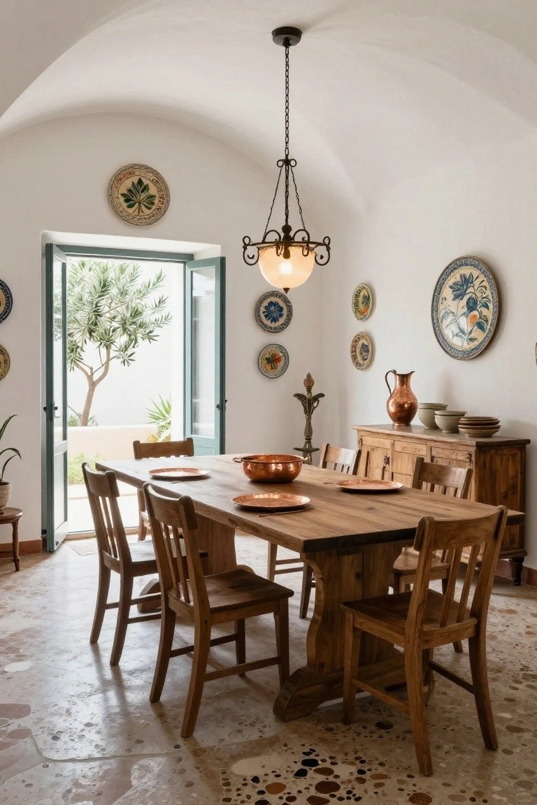 A white-walled dining room with arched ceiling, rustic wooden table and chairs, copper platters and jug on a wooden sideboard, colorful ceramic plates mounted on walls, and open turquoise French doors to an outdoor courtyard with olive tree.