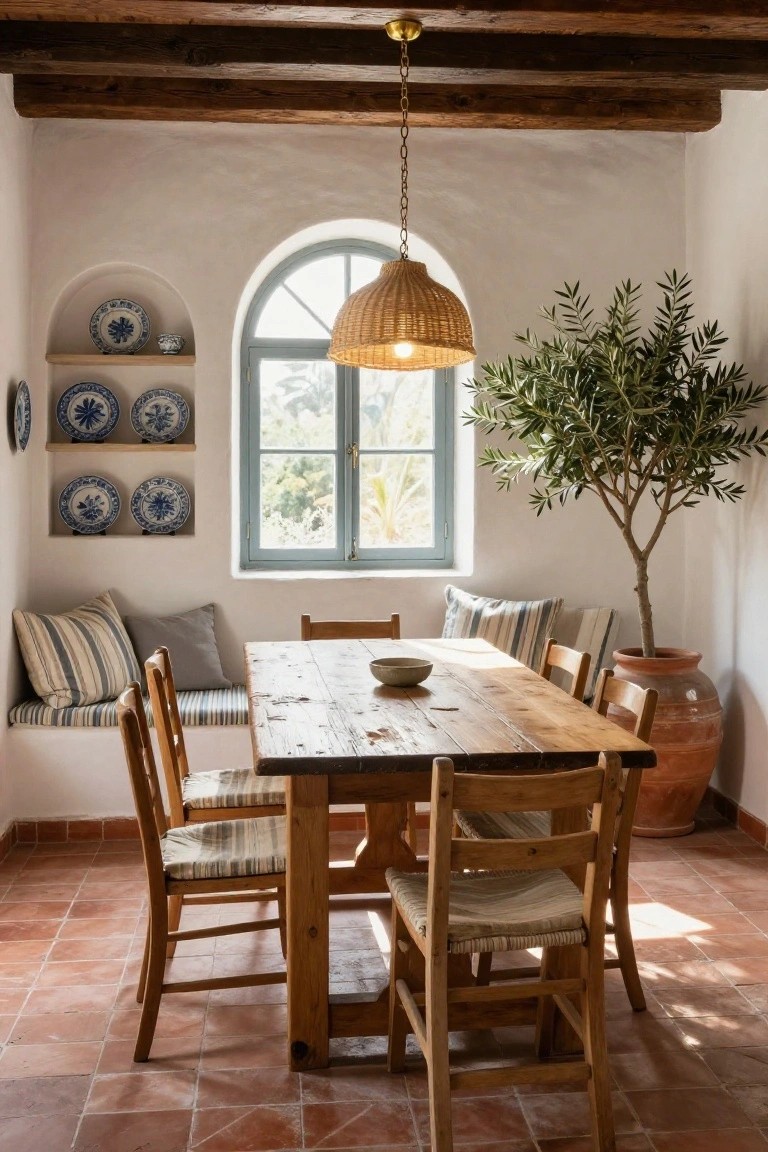 Mediterranean dining room with white-washed walls, exposed wooden beams, arched blue-shuttered window, built-in banquette with striped cushions, wooden table and chairs, olive tree in terracotta pot, and blue-and-white plates on shelves.