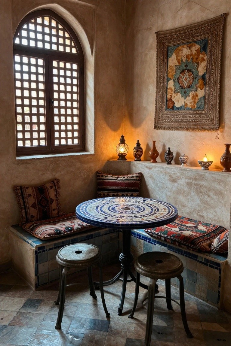 Corner indoor seating area with cushioned built-in benches, round blue mosaic table on metal base, wooden stools, lanterns on shelves, patterned textiles, and arched latticed wooden window in beige-walled room with tiled floor.