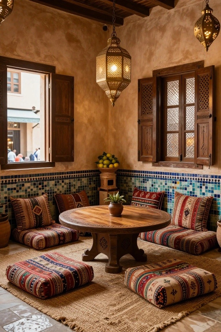 Interior corner with low round wooden table surrounded by colorful patterned floor cushions and poufs, blue mosaic tiled lower walls, wooden window shutters, hanging metal lanterns, and potted plants.