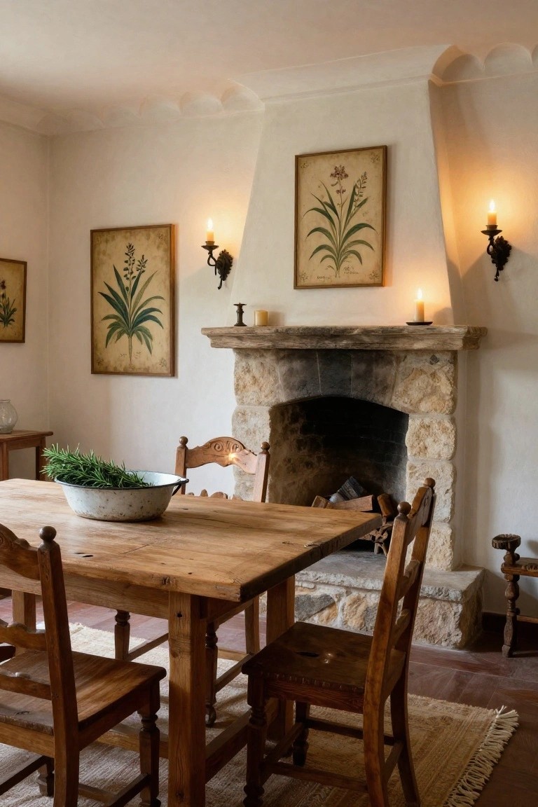 Dining room with arched rustic stone fireplace, wooden table topped by metal bowl of rosemary sprigs, wooden chairs, beige rug on terracotta floor, and framed botanical prints on white walls lit by candles.