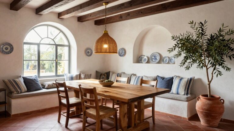 23 Gorgeous Mediterranean Interior Design Dining Room Looks to Copy Mediterranean dining room with white-washed walls, exposed wooden beams, arched blue-shuttered window, built-in banquette with striped cushions, wooden table and chairs, olive tree in terracotta pot, and blue-and-white plates on shelves.