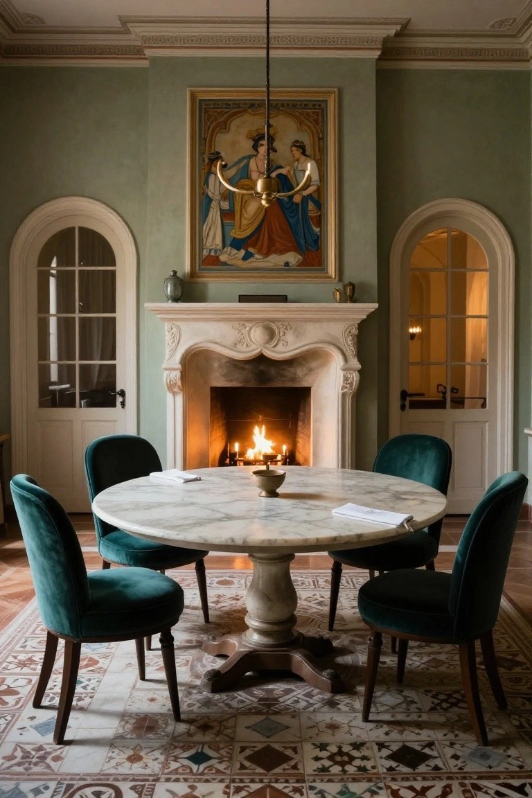Round marble-topped dining table with four emerald green velvet chairs in a sage green-walled room centered on an ornate limestone fireplace flanked by arched French doors.