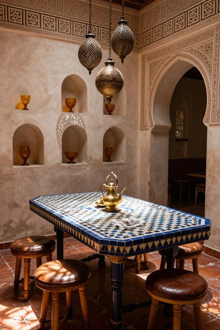 Moroccan-style interior dining area with rectangular blue-and-white checkered mosaic tiled table, brass teapot and glasses on top, four leather-topped wooden stools around it, brass lanterns hanging from ceiling, and arched wall niches holding amber glassware.