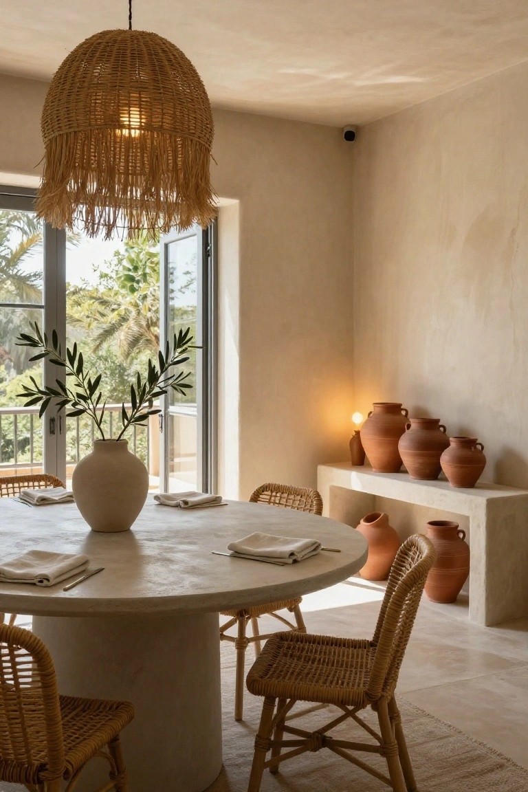 Dining room interior with round beige stone pedestal table, rattan chairs with white cushions, woven rattan pendant light, terracotta pots on stone shelf, olive branches in vase, plaster walls, and open doors showing tropical garden view.