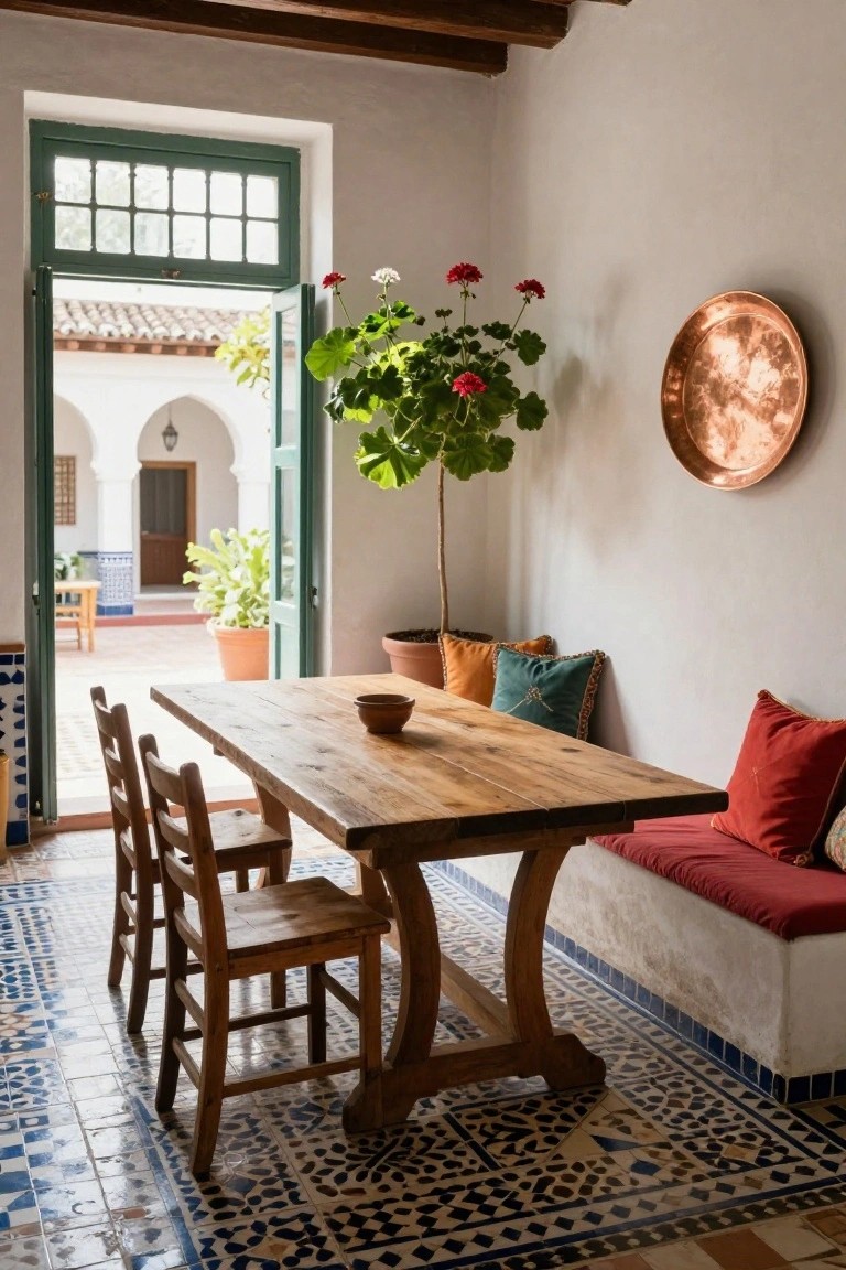 White-walled dining room with rustic wooden trestle table, wooden chairs, built-in bench with colorful cushions, open green French doors to a planted courtyard, geometric blue and white tiled floor, potted plants, and copper pan on wall.