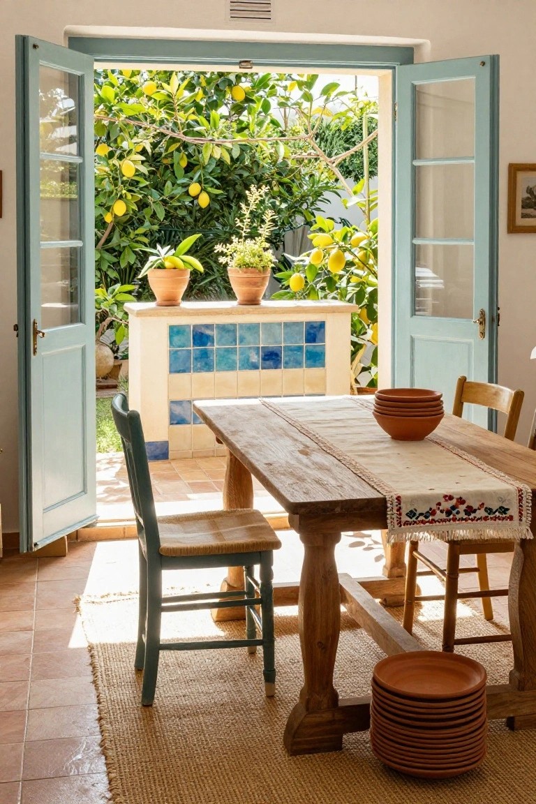 Sunlit interior dining room with open turquoise French doors revealing a garden of lemon trees and potted plants, rustic wooden table with terracotta bowls and stacked plates, wooden chairs on terracotta tile floor.