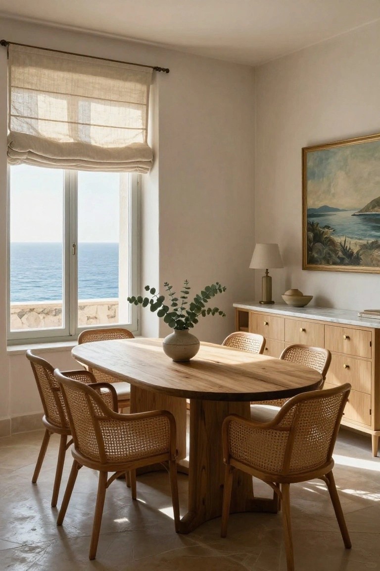 Oval wooden dining table with six rattan armchairs in a white-walled room, large window showing sea view, wooden sideboard with lamp and eucalyptus vase nearby.