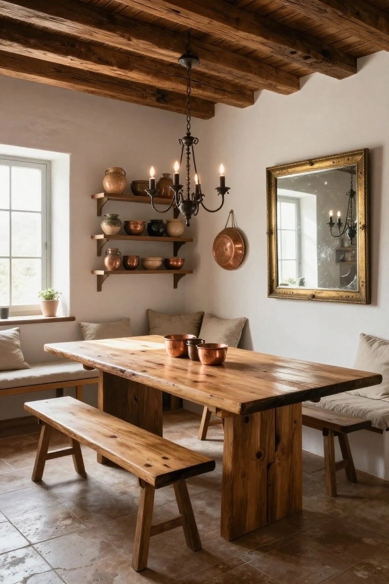 Dining room with rectangular live-edge wooden table and benches, copper pots and ceramics on wooden shelves, brass chandelier, large gold-framed mirror, beige cushions, white walls, exposed wooden beams, and a window.