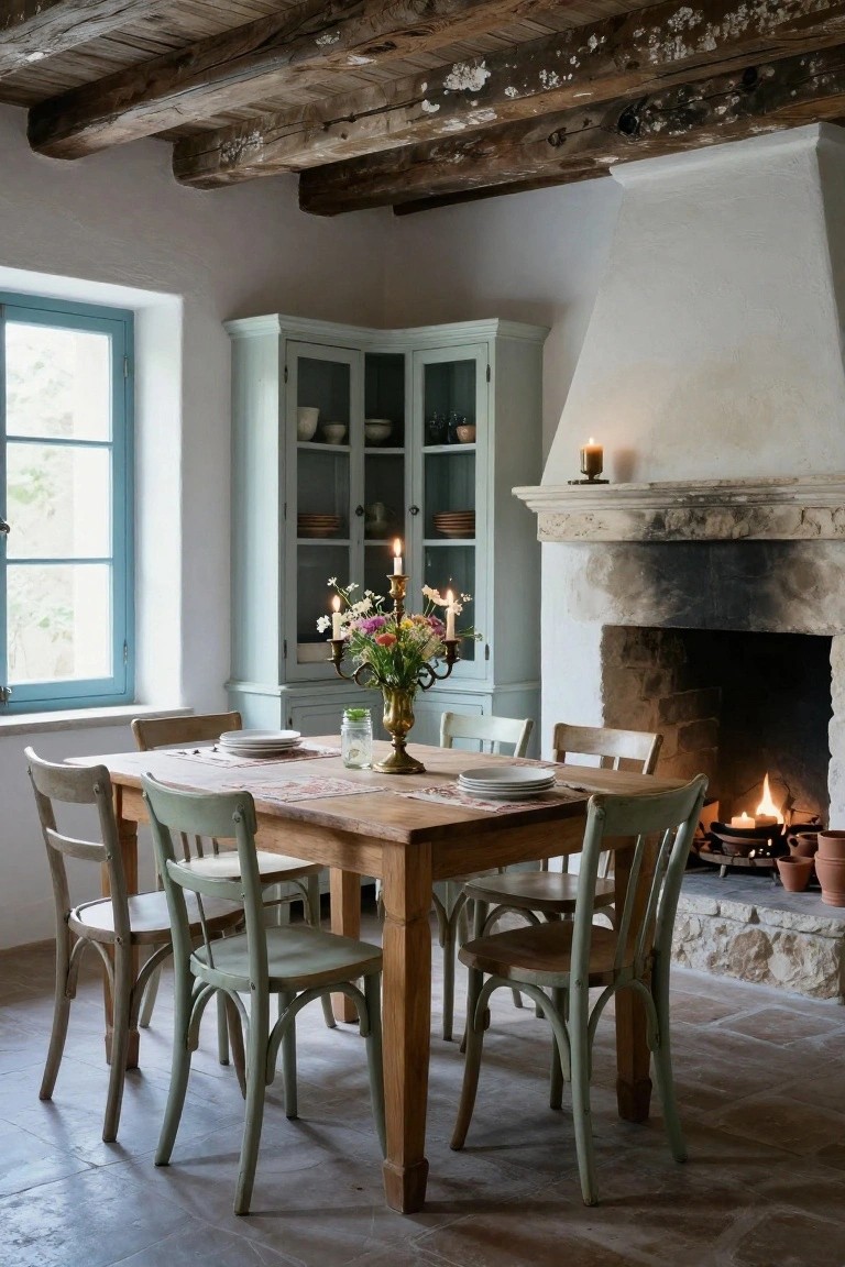 Dining room with exposed rustic wooden beams on the ceiling, white plaster walls, stone fireplace with fire, wooden table set with plates and flowers, green and wood chairs, corner glass cabinet, and blue window.