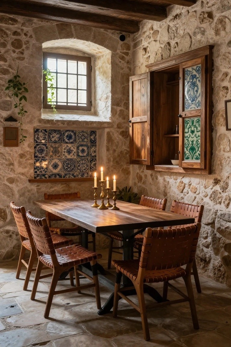 Dining room interior with exposed stone walls, wooden table and rattan-leather chairs, brass candelabras on the table, blue tiled wall accents, and a wooden armoire near an arched window.