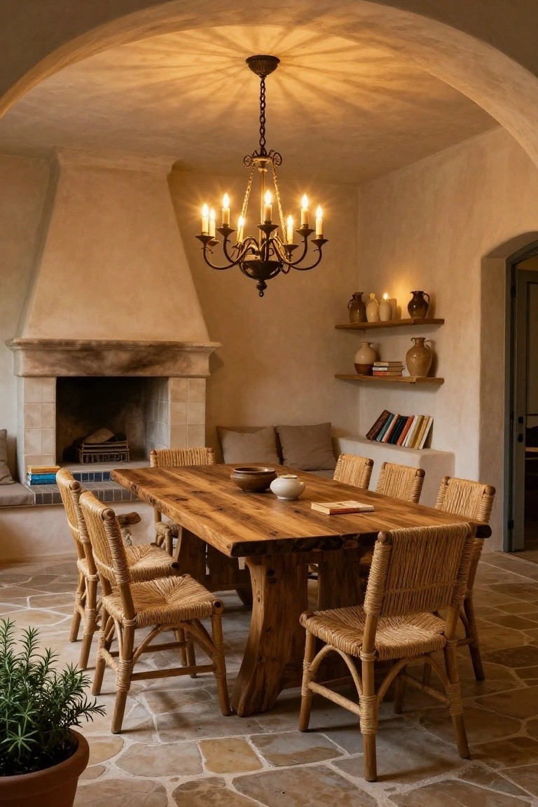 A cozy Mediterranean dining room with white-washed arched walls, a stone fireplace, large live-edge wooden table, rattan chairs, candle chandelier, shelves holding pottery and books, and potted rosemary on terracotta tile floor.