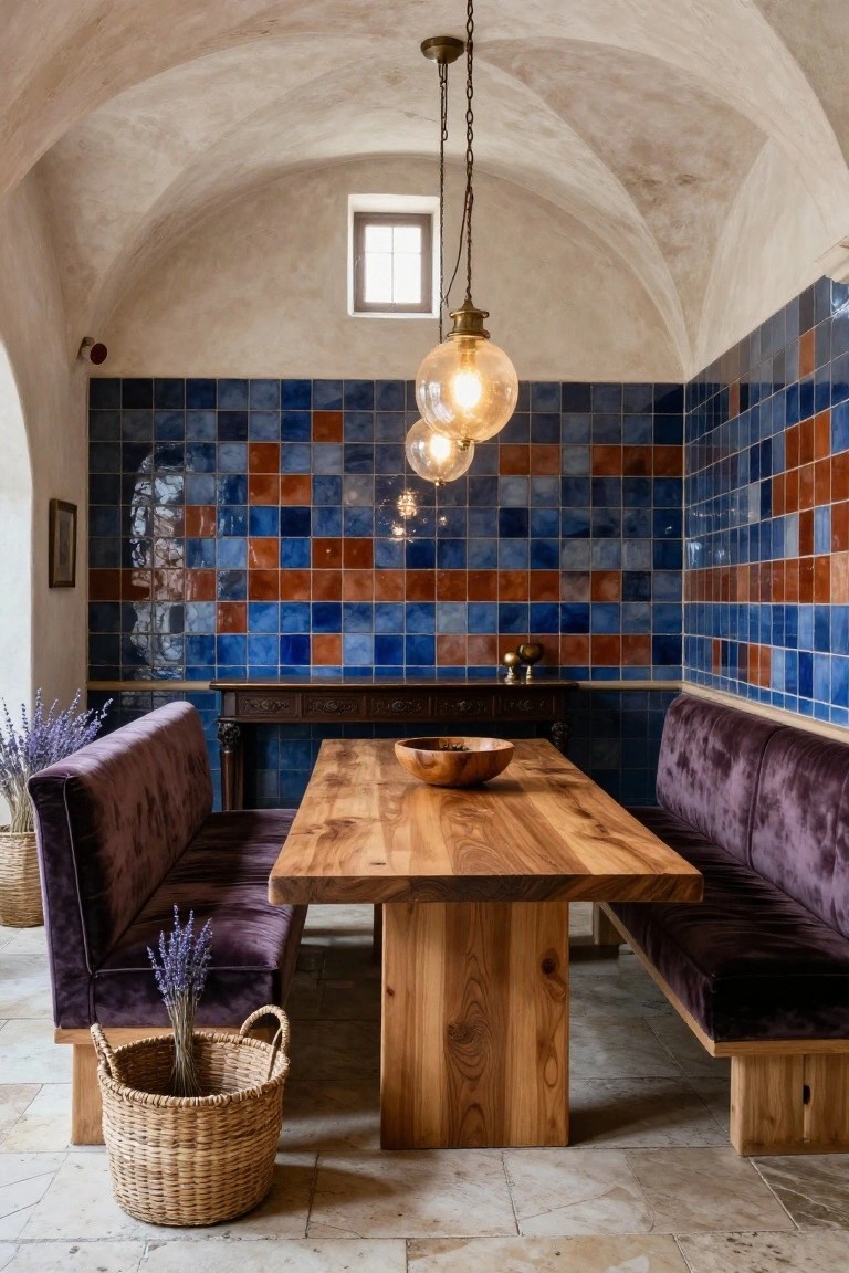 Dining area in an arched plaster-walled room with blue and orange patterned tile walls, wooden table, purple velvet benches, pendant globe lights, and potted lavender.