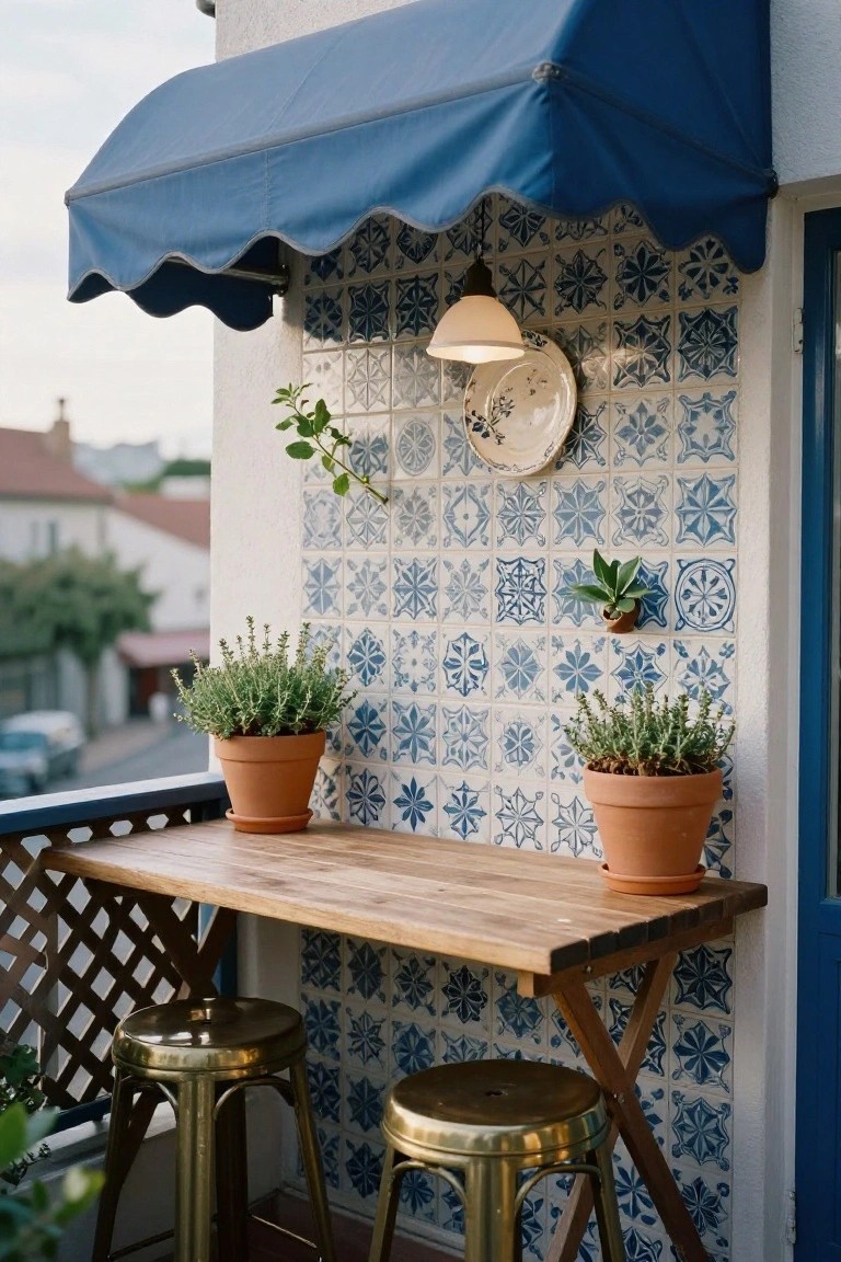 Small balcony with blue and white patterned ceramic tiles on the wall, wooden table, two gold stools, terracotta pots of herbs, hanging plants, white plate and lamp, blue awning, and city view beyond.