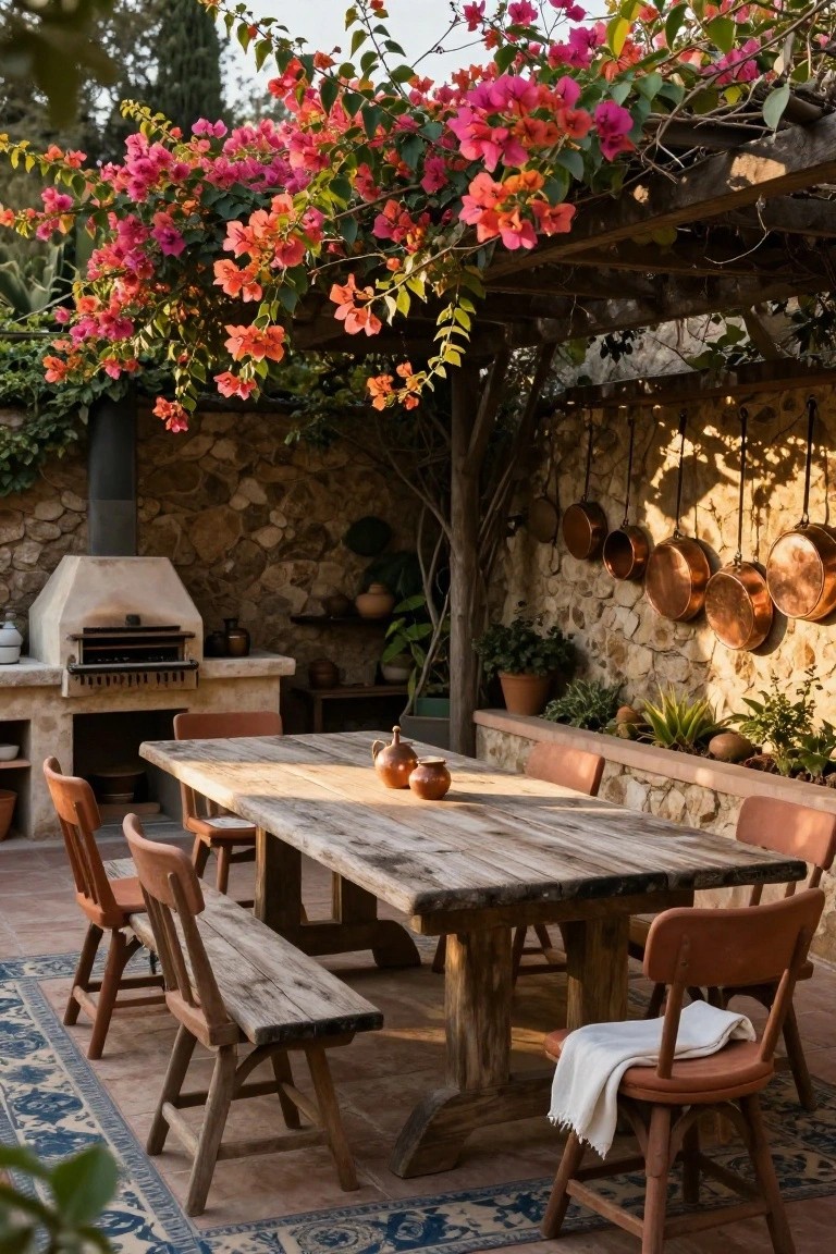 Rustic wooden dining table with benches and chairs on a tiled terrace under a pergola covered in pink and orange bougainvillea flowers, next to a stone outdoor oven and copper pots hanging on a rock wall with potted plants.