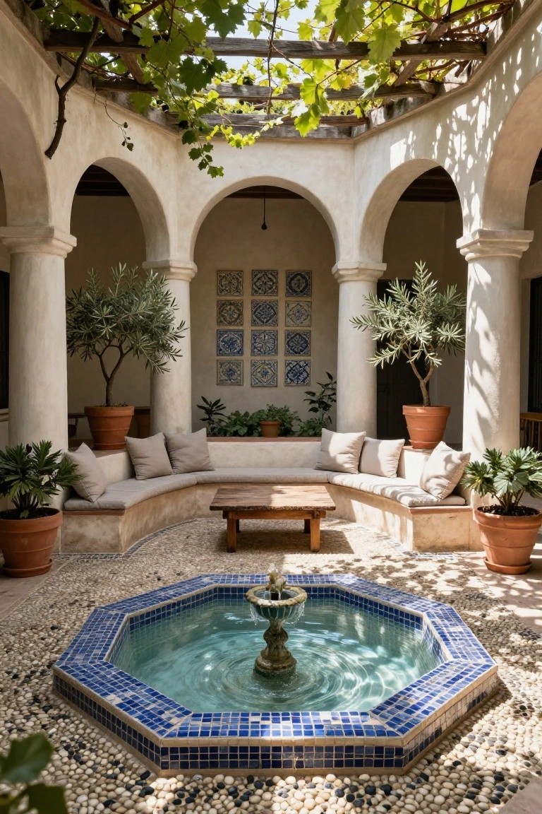 Sunlit Mediterranean courtyard with white stucco arches and columns, grapevine-covered pergola, two olive trees, potted plants, built-in beige cushioned bench seating around a low wooden table, and central octagonal blue-tiled fountain on white pebble ground.