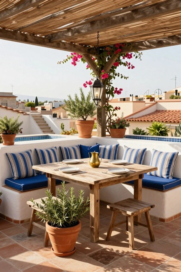 Rooftop terrace with built-in white benches cushioned in blue and white stripes around a wooden dining table set with white plates and a gold pitcher, next to a small blue-tiled pool, potted plants, and bougainvillea under a wooden pergola.