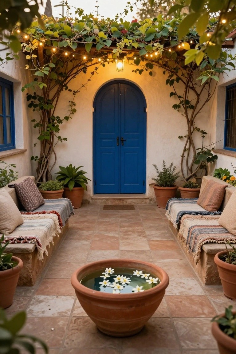 Mediterranean courtyard patio with white walls, arched blue double door, overhead string lights and vines, built-in benches with cushions and woven rugs, potted plants, and central terracotta basin filled with water and floating white flowers on terracotta tile floor.