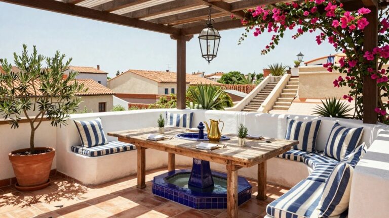 Rooftop terrace with built-in white benches cushioned in blue and white stripes around a wooden dining table set with white plates and a gold pitcher, next to a small blue-tiled pool, potted plants, and bougainvillea under a wooden pergola.