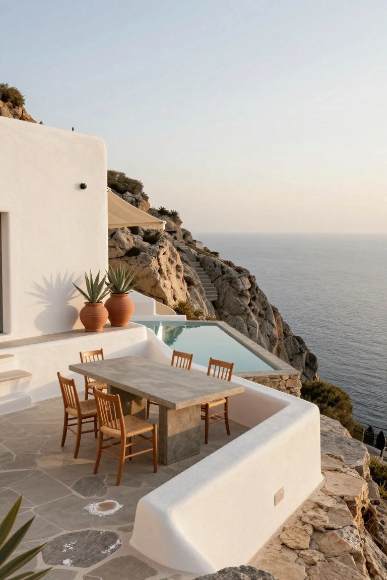 White terrace with rectangular wooden dining table and six chairs positioned next to a turquoise infinity-edge pool on a rocky cliff overlooking the sea, with terracotta pots of agave plants nearby.