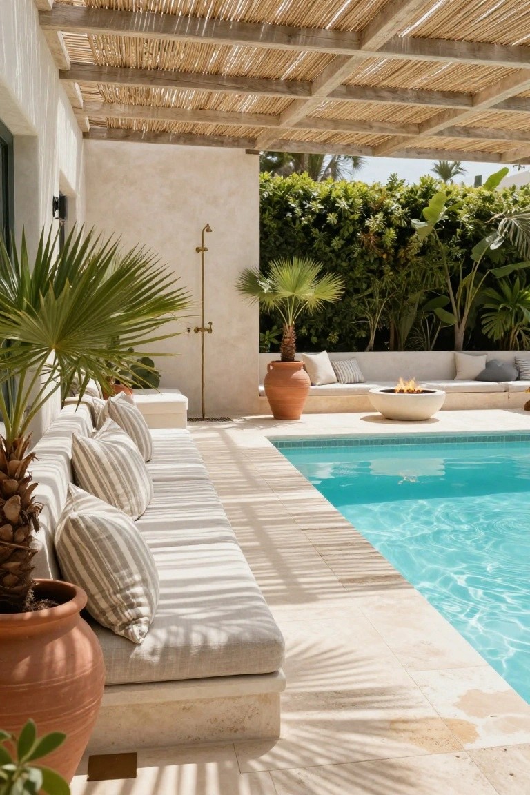 Long cushioned bench in beige and striped pillows along the edge of a turquoise pool on beige stone tiles, with a round beige fire pit nearby, potted plants, palm trees, reed pergola overhead, and brass outdoor shower on stucco wall.