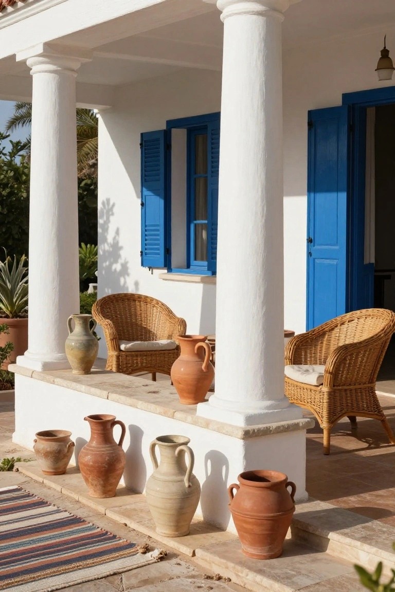 Whitewashed porch with columns supporting a tiled roof, blue shutters and open door, two rattan chairs with cushions, and assorted large terracotta pots grouped on steps and ledge amid potted plants.