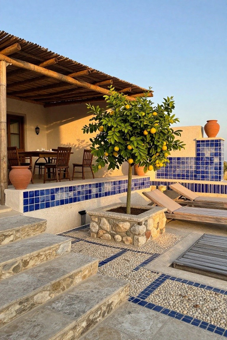 Outdoor terrace featuring a potted lemon tree with visible fruit, wooden dining table and chairs under a bamboo pergola, beige loungers on a wooden deck, blue mosaic tile accents on walls and borders, terracotta pots, and stone steps.