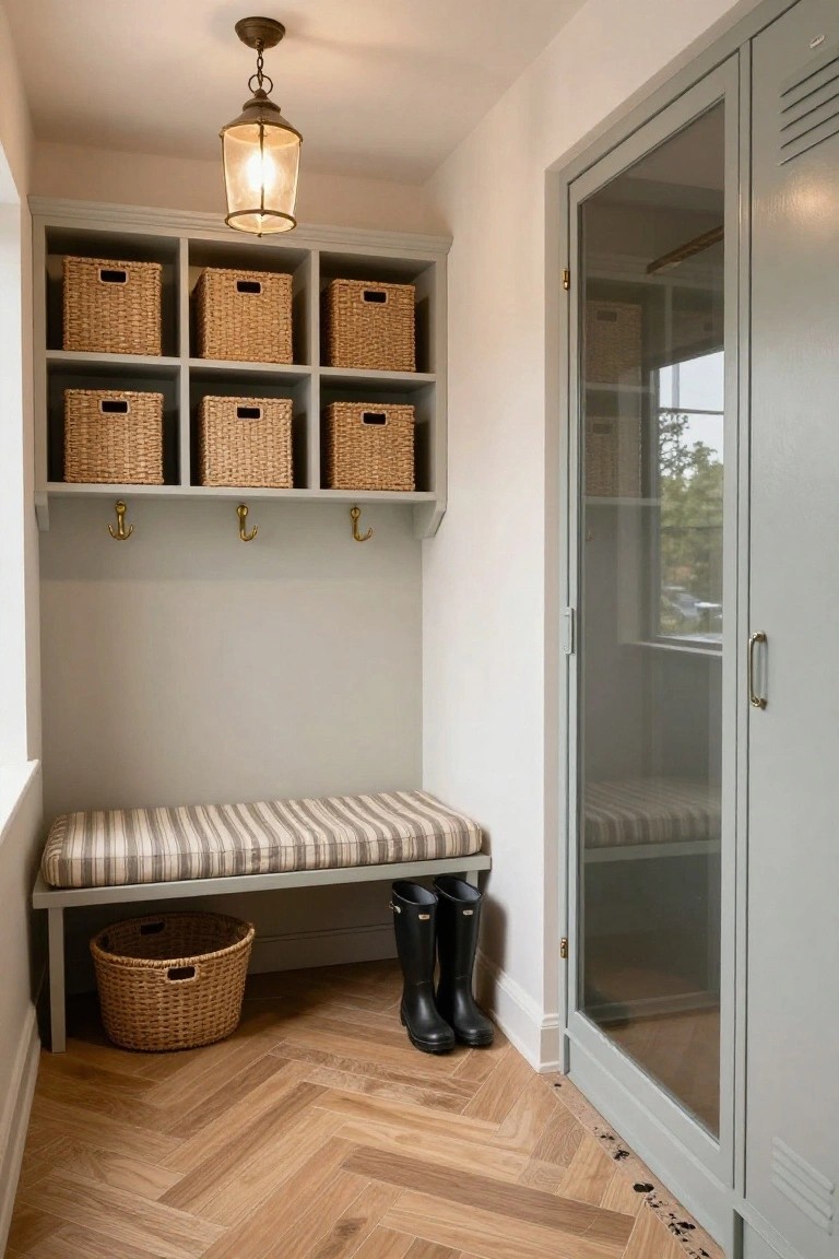 Gray built-in cabinets with wicker baskets on shelves, brass hooks, a cushioned bench, wellington boots, and a wicker basket on herringbone wood flooring beside a tall glass-fronted locker door.