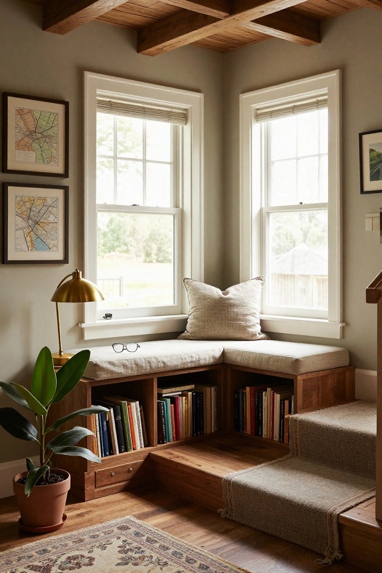 Corner window seat with beige cushions on wooden built-in bookshelves filled with books, gold lamp and potted plant nearby, large windows with blinds, framed maps on walls, and wooden ceiling beams in a light green room.