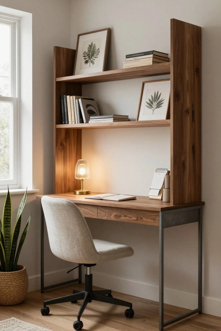 Wooden open shelving unit with integrated desk featuring drawers and black metal legs, displaying books, framed botanical prints, a gold desk lamp, notepad, and potted snake plant next to a window in a light beige room.