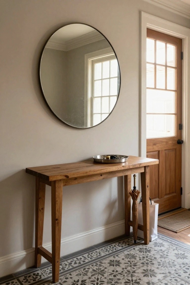 Beige entryway with a large round brass-framed mirror on the wall above a slim wooden console table holding a metal tray with small items, an umbrella stand beside it, a wooden door with glass panes, and patterned gray tile floor.