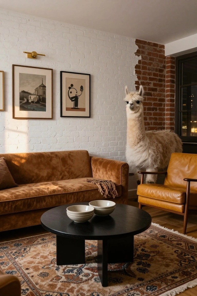 Living room with exposed red brick accent wall next to white plaster walls, brown velvet sofa, yellow leather armchair, black round coffee table holding two white ceramic bowls, patterned rug, two framed art prints, gold wall sconce, and a standing llama near the furniture.