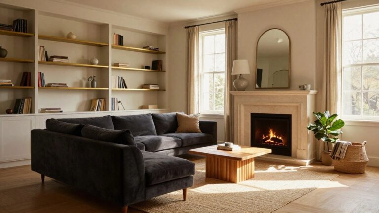 A cozy living room with a creamy marble fireplace flanked by white built-in open shelves stocked with books and decor, a dark gray velvet sofa, oval wooden coffee table, large fiddle leaf fig plant, and sheer curtains on a window.