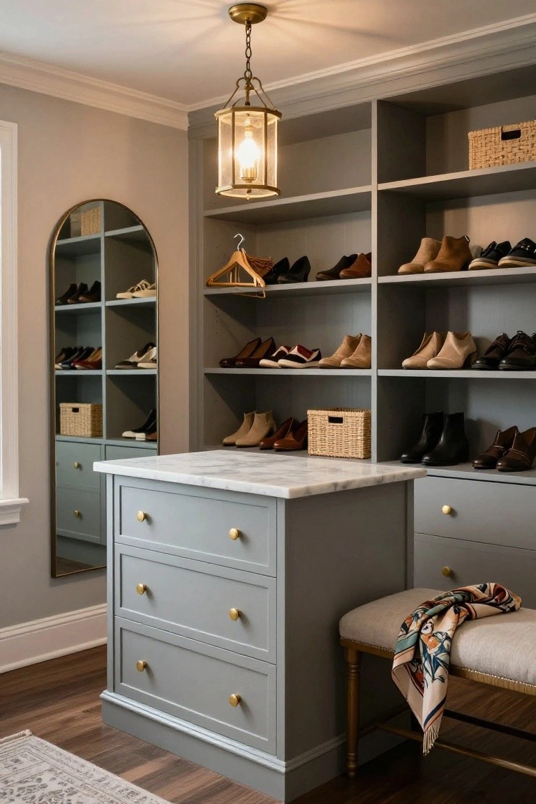 Walk-in closet with gray open shelves displaying many pairs of shoes and boots, a central gray island with marble top and drawers, a bench with scarf, and an arched mirror on the wall.